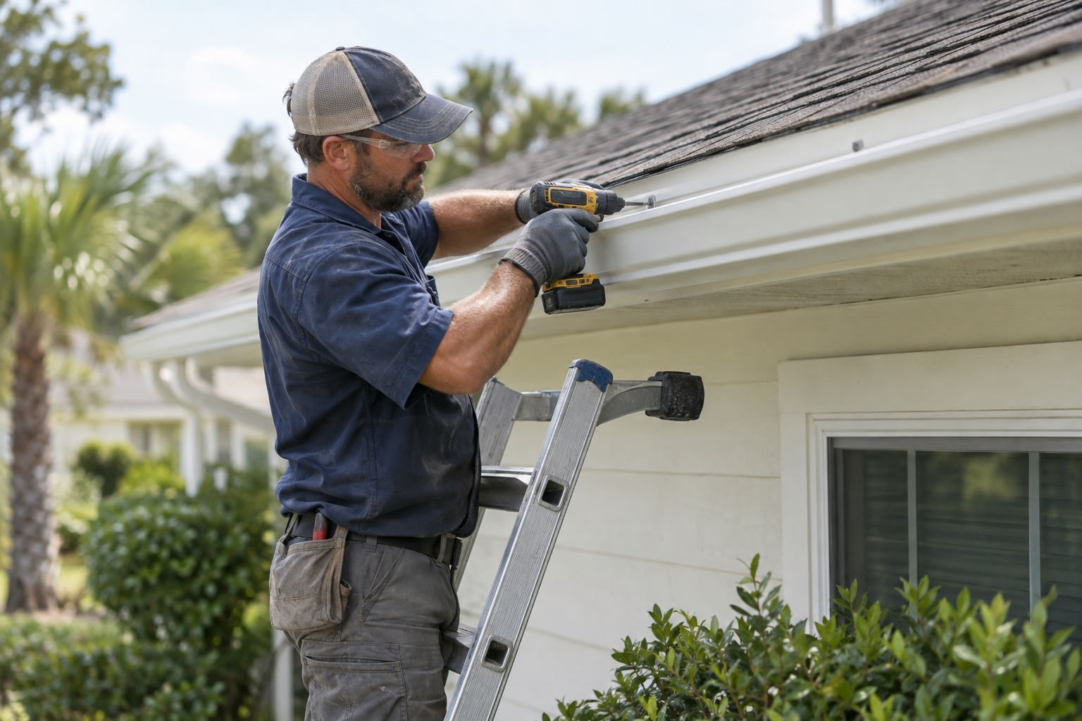 Gutter installer focused on fitting a white gutter along a home's roofline